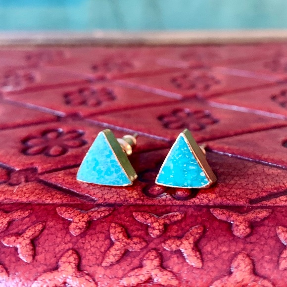 Genuine Turquoise 14k Plated Gold Triangle Studs - Picture 8 of 8